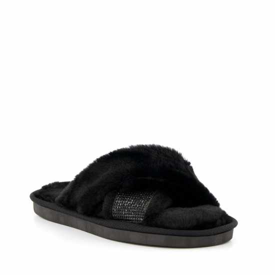 Winta Diamante Cross Strap Faux Fur Slippers  