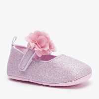 Girls Pink Sequin Flower Pram Shoes