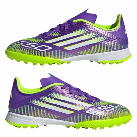 Детски футболни бутонки Adidas F50 League Childrens Astro Turf Football Boots Purple/White Adidas F50 League Childrens Astro Turf Football Boots Purple/White Детски футболни бутонки