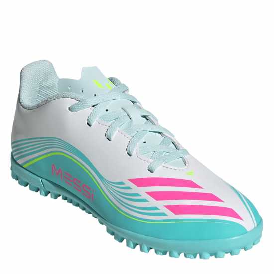 Adidas F50 Club Childrens Astro Turf Football Boots Wht/Pink/Blue 