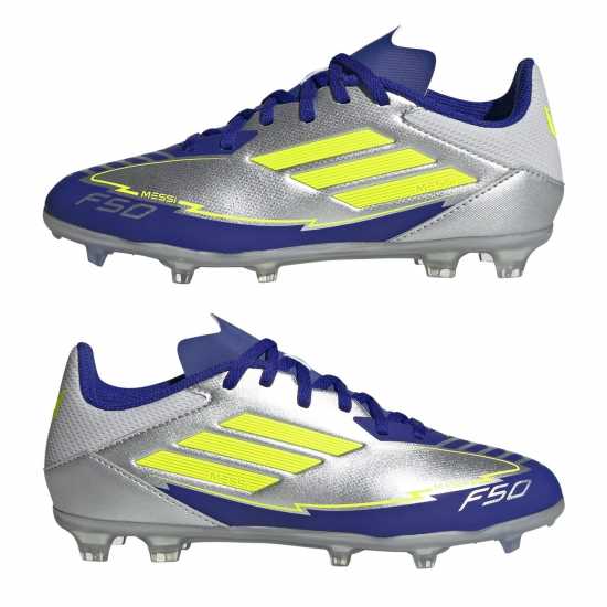 Adidas F50 League Junior Firm Ground Football Boots Silver/Blue Adidas F50 League Junior Firm Ground Football Boots Silver/Blue