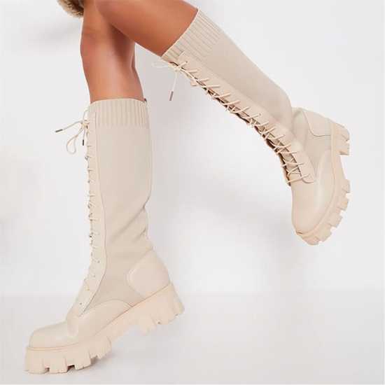 Knitted Knee High Chunky Lace Up Boots  - Дамски ботуши