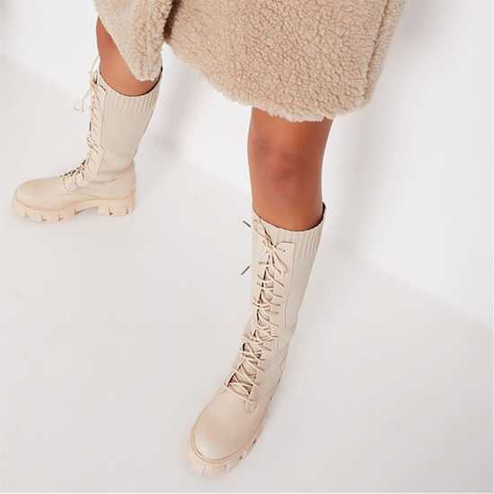 Knitted Knee High Chunky Lace Up Boots  - Дамски ботуши