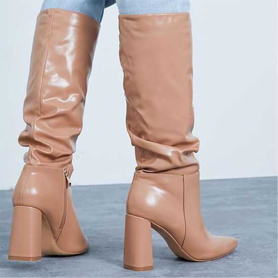 Дамски Високи Ботуши I Saw It First Faux Leather Ruched Block Heel Knee High Boots  - Дамски ботуши