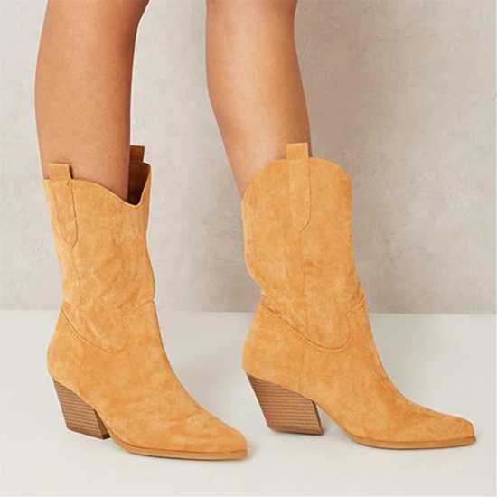 Боти Western Detail Faux Suede Low Heeled Ankle Boots