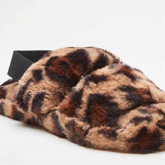Fur Sling Back Leopard Print Slippers  Чехли