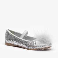 Sequin Mary Jane Feather Detail Silver Shoes