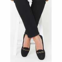 Comfort Faux Suede Chain Trim Black Loafers  Дамски обувки