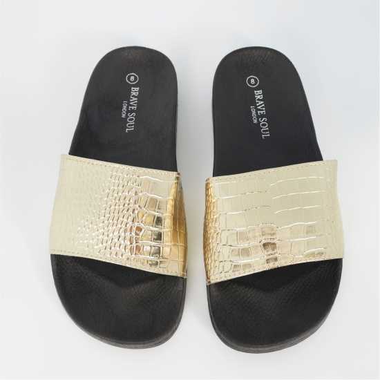 Мъжки сандали и джапанки Brave Soul Mens Metallic Crocodile Strap Slider Gold Brave Soul Mens Metallic Crocodile Strap Slider Gold Мъжки сандали и джапанки