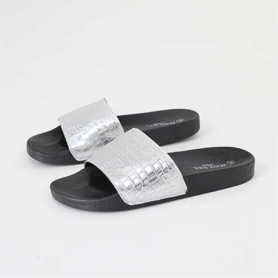 Мъжки сандали и джапанки Brave Soul Mens Metallic Crocodile Strap Slider Silver Brave Soul Mens Metallic Crocodile Strap Slider Silver Мъжки сандали и джапанки