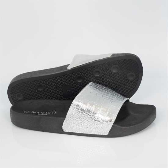 Мъжки сандали и джапанки Brave Soul Mens Metallic Crocodile Strap Slider Silver Brave Soul Mens Metallic Crocodile Strap Slider Silver Мъжки сандали и джапанки