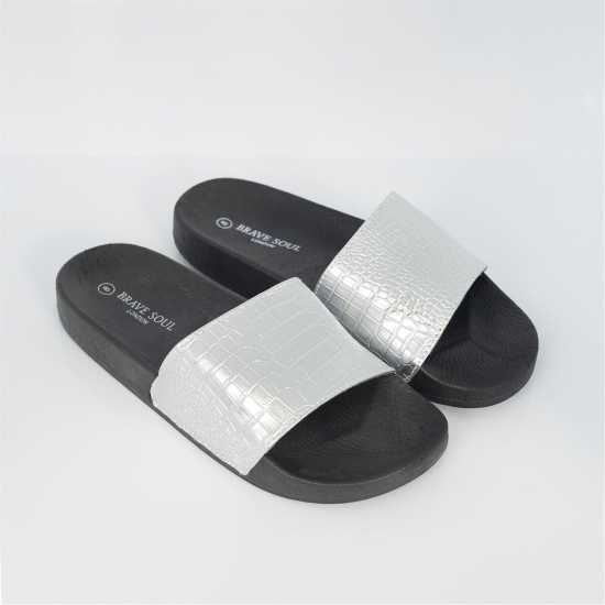 Мъжки сандали и джапанки Brave Soul Mens Metallic Crocodile Strap Slider Silver Brave Soul Mens Metallic Crocodile Strap Slider Silver Мъжки сандали и джапанки