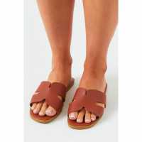 Missy Empire Rubber Ribbed Sole Sliders Tan Дамски обувки