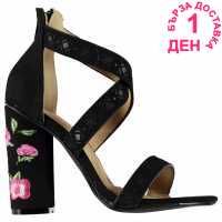 Rock And Rags Embroidered Heel Sandals Black Дамски сандали и джапанки