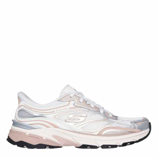 Skechers Metallic Overlay Mesh Lace-Up Slip- Runners Womens White/Pink 