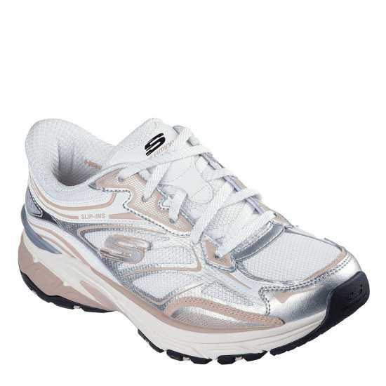 Skechers Metallic Overlay Mesh Lace-Up Slip- Runners Womens White/Pink 