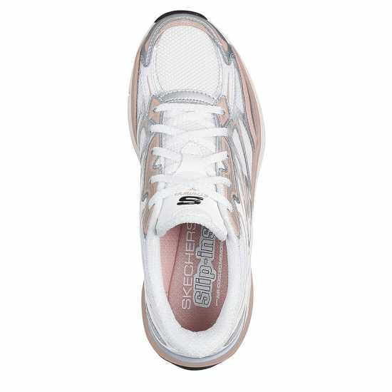 Skechers Metallic Overlay Mesh Lace-Up Slip- Runners Womens White/Pink 
