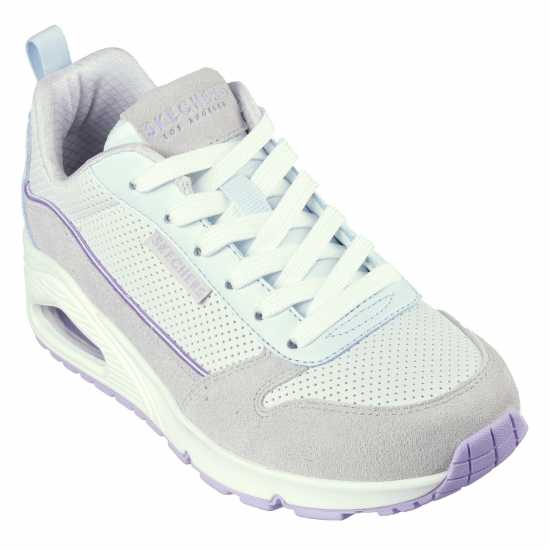 Skechers Suede & Perforated Duraleather Lace Low-Top Trainers Womens Grey/Light Blue 