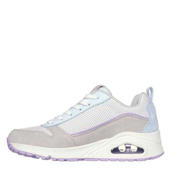 Skechers Suede & Perforated Duraleather Lace Low-Top Trainers Womens Grey/Light Blue 