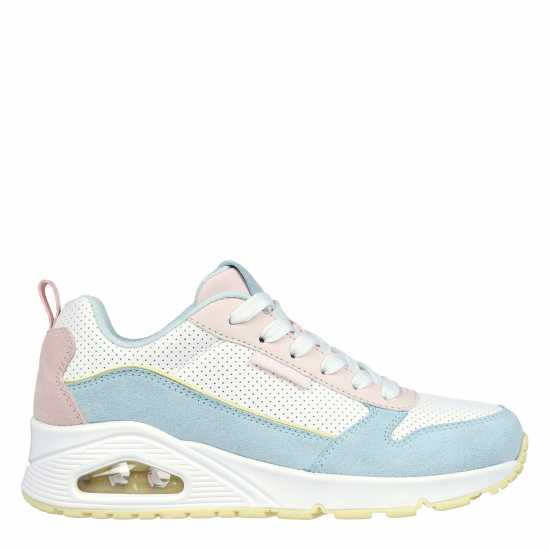 Skechers Suede & Perforated Duraleather Lace Low-Top Trainers Womens Light Blue/Pink 