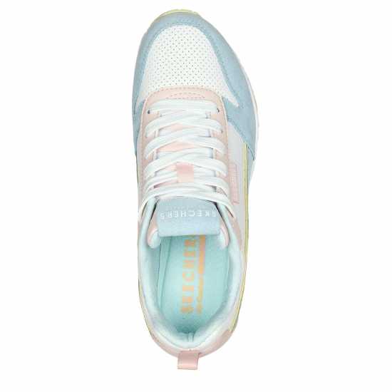 Skechers Suede & Perforated Duraleather Lace Low-Top Trainers Womens Light Blue/Pink 