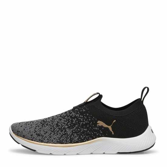 Puma Womens Softride Remi Slip-On Knitted Runners Black/Wht/Gold Puma Womens Softride Remi Slip-On Knitted Runners Black/Wht/Gold