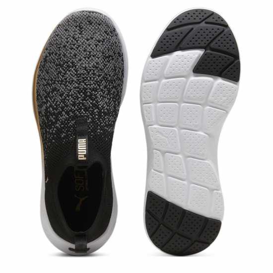 Puma Womens Softride Remi Slip-On Knitted Runners Black/Wht/Gold Puma Womens Softride Remi Slip-On Knitted Runners Black/Wht/Gold