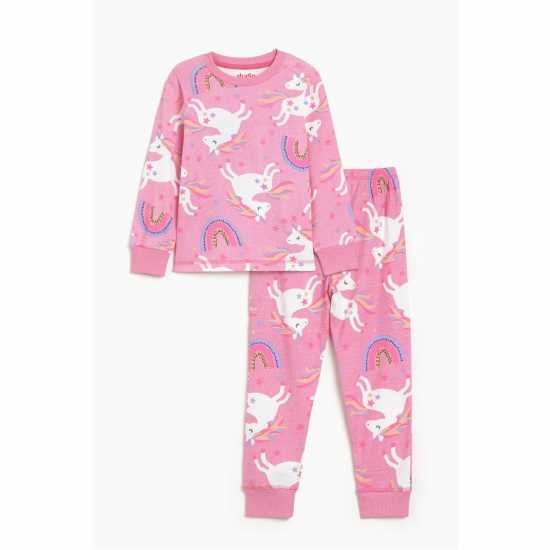 Girls Neon Unicorn Ribbed Pyjama Pink  Бебешки дрехи