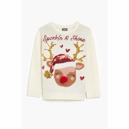 Girl Christmas Reindeer Jumper Cream  Детски плетени пуловери и жилетки