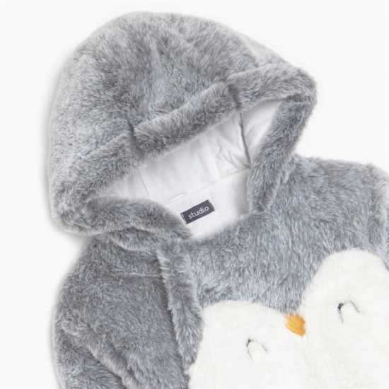 Unisex Faux Fur Penguin Pram Suit Grey  Бебешки дрехи