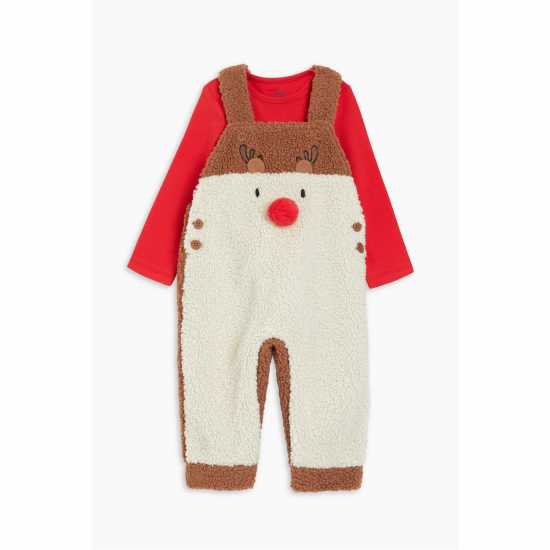 Boy Reindeer Borg Dungaree And T-Shirt Set Brown/red  Бебешки дрехи
