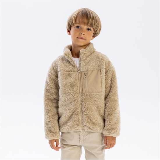 Boys Sherpa Fleece Zip Jacket Chest Pocket Beige  