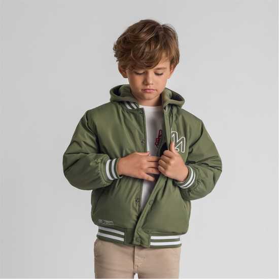 Boys Baseball Jacket Detachable Hood Embroidery Khaki  