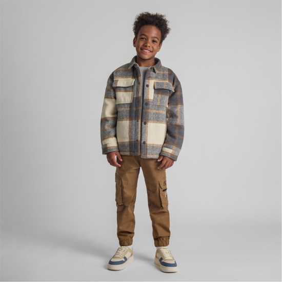 Boys Padded Shirt Jacket Wool Blend Grey Check  