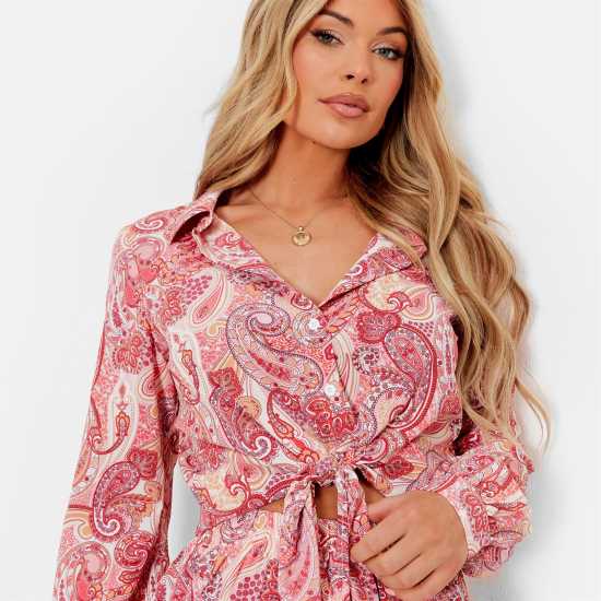I Saw It First Printed Tie Front Cropped Blouse Co-Ord Pink Paisley Дамски ризи и тениски