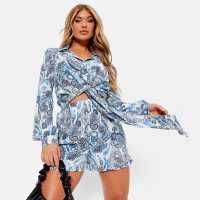 I Saw It First Printed Tie Front Cropped Blouse Co-Ord Blue Paisley Дамски ризи и тениски