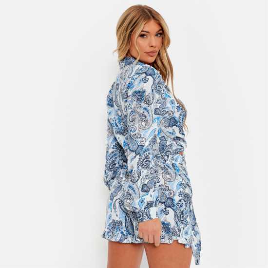 I Saw It First Printed Tie Front Cropped Blouse Co-Ord Blue Paisley Дамски ризи и тениски