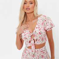 I Saw It First Floral Print Tie Front Crop Top  Дамски ризи и тениски