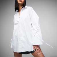 Тениска Lace Up Sleeve Button Front Shirt  Дамски ризи и тениски