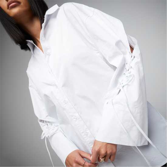 Тениска Lace Up Sleeve Button Front Shirt  Дамски ризи и тениски