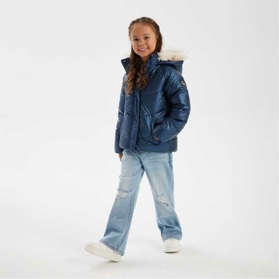 Ватирано Яке Girls Padded Jacket Faux Fur Lining Navy  
