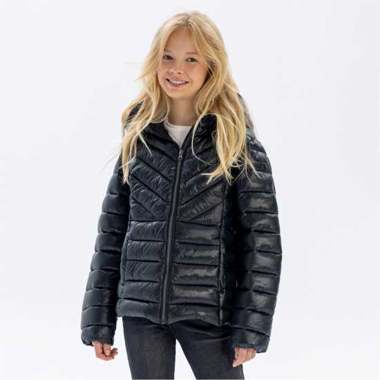 Яке С Качулка Girls Quilted Hooded Jacket Zip Fastening Black  