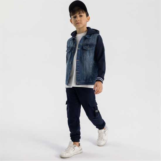 Дънково Яке Boys Denim Jacket Detachable Hood Fleece Sleeves Navy  