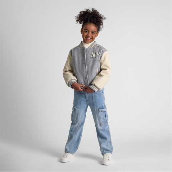 Girls Baseball Style Jacket With Faux Leather Sleeves Grey  