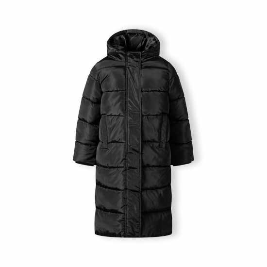Ватирано Палто Girls Long Winter Quilted Coat With Hood And Side Slits Black Ватирано Палто Girls Long Winter Quilted Coat With Hood And Side Slits Black