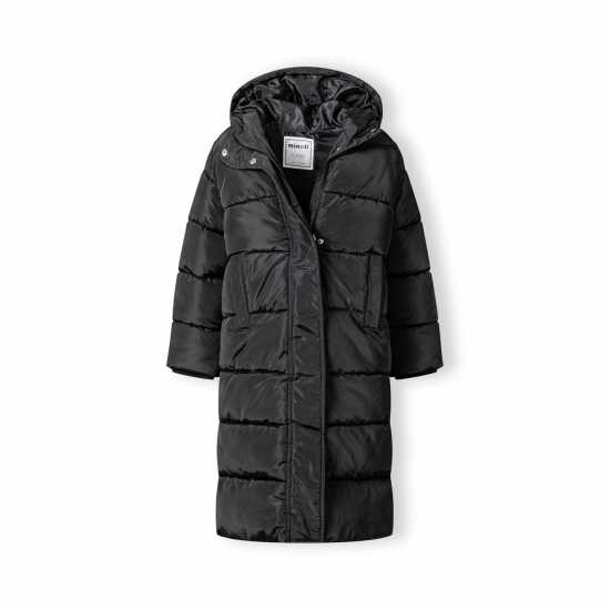 Ватирано Палто Girls Long Winter Quilted Coat With Hood And Side Slits Black Ватирано Палто Girls Long Winter Quilted Coat With Hood And Side Slits Black