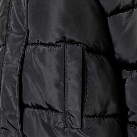 Ватирано Палто Girls Long Winter Quilted Coat With Hood And Side Slits Black Ватирано Палто Girls Long Winter Quilted Coat With Hood And Side Slits Black