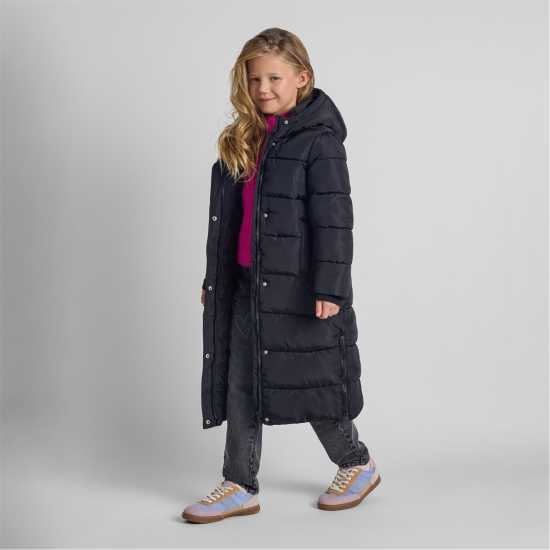 Ватирано Палто Girls Long Winter Quilted Coat With Hood And Side Slits Black Ватирано Палто Girls Long Winter Quilted Coat With Hood And Side Slits Black