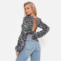 I Saw It First Printed Tie Back Puff Sleeve Cropped Blouse  Дамско облекло плюс размер