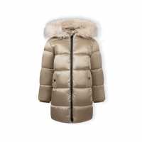 Girls Long Quilted Winter Coat With Faux Fur Trim Gold  